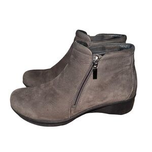 Taupe Leather Ankle Booties Side Zip Low Heel Comfort Boots capsule neutral 8